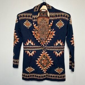 Faherty x B. Yellowtail Women's Lodge Cardigan Wolf Mountain L Blue Boho Tribal